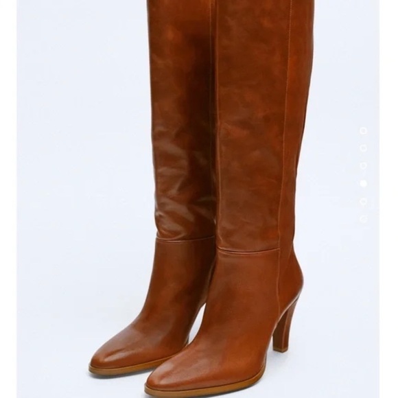 Zara Leather Boots Heels Bloggers Favorite Size US 7.5 In Brown Cognac Color NWT - Picture 4 of 16